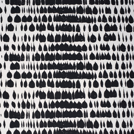 Queen of Spain black and white mid-century painterly abstract wallpaper by Schumacher, shown in room and detail views.