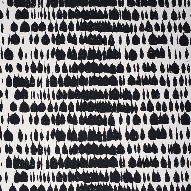 Queen of Spain black and white mid-century painterly abstract wallpaper by Schumacher, shown in room and detail views.