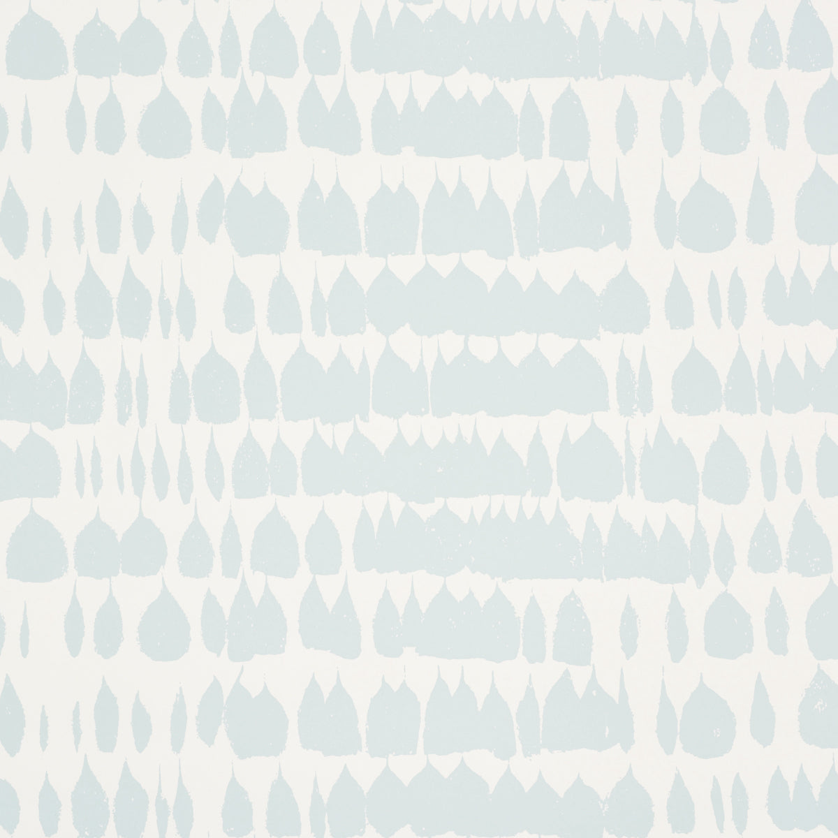 Queen of Spain Sky by Schumacher - painterly mid-century modern wallpaper in light blue and white, shown in a bedroom setting.