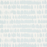 Queen of Spain Sky by Schumacher - painterly mid-century modern wallpaper in light blue and white, shown in a bedroom setting.