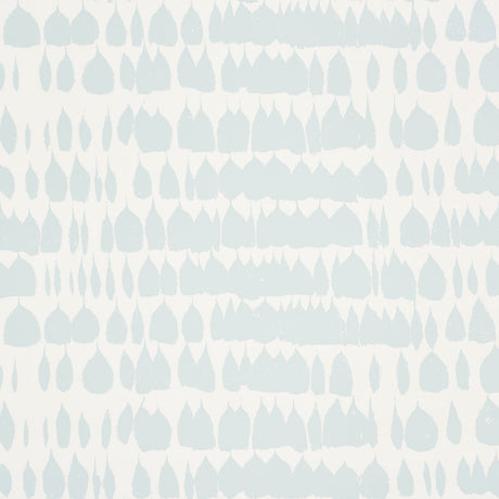 Queen of Spain Sky by Schumacher - painterly mid-century modern wallpaper in light blue and white, shown in a bedroom setting.
