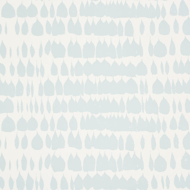 Queen of Spain Sky by Schumacher - painterly mid-century modern wallpaper in light blue and white, shown in a bedroom setting.