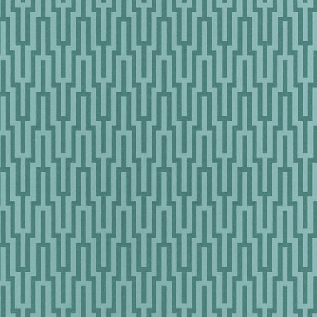 Turquoise geometric glass bead wallpaper with urbane glamour by Schumacher, Metropolitan Fret pattern.