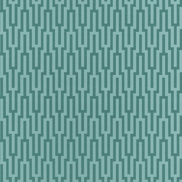 Turquoise geometric glass bead wallpaper with urbane glamour by Schumacher, Metropolitan Fret pattern.