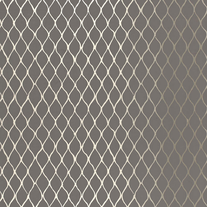 Valencia Graphite geometric lattice wallpaper by Schumacher, metallic trellis pattern on dark background