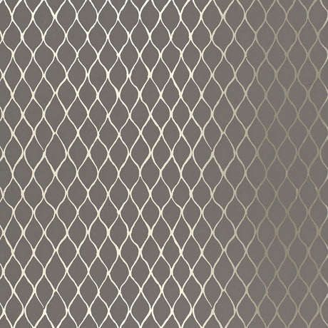 Valencia Graphite geometric lattice wallpaper by Schumacher, metallic trellis pattern on dark background