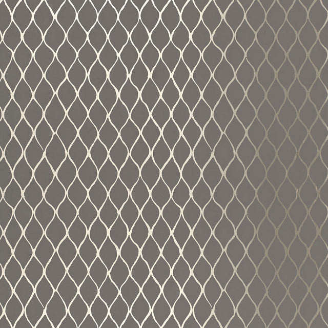 Valencia Graphite geometric lattice wallpaper by Schumacher, metallic trellis pattern on dark background