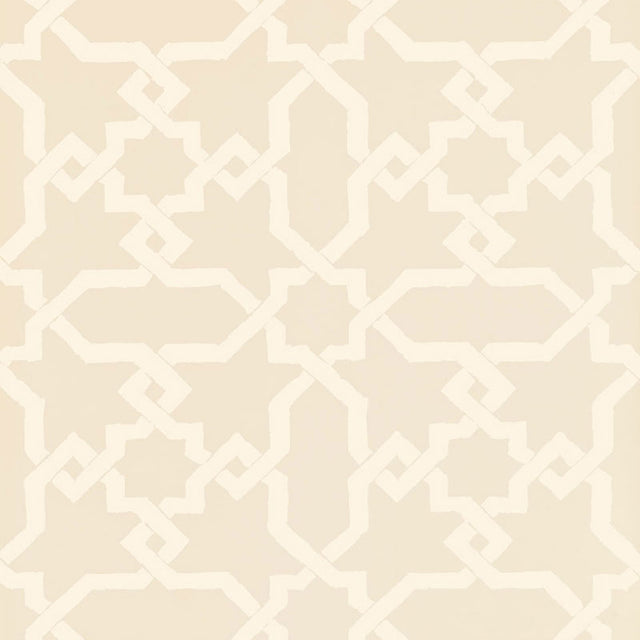 Cordoba Flax wallpaper by Schumacher featuring interlocking Moorish-inspired diamonds and stars in a neutral beige colorway.