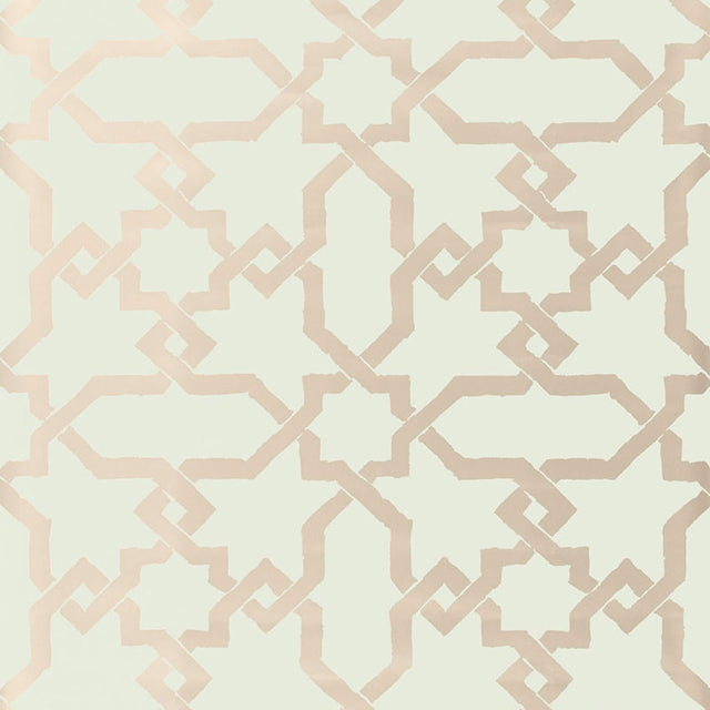 Cordoba Mist wallpaper by Schumacher featuring interlocking Moorish-inspired diamonds and stars in a hand-painted look.