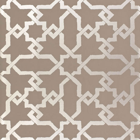 Cordoba Taupe and Silver geometric wallpaper with interlocking diamonds and stars by Schumacher