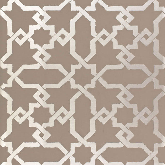 Cordoba Taupe and Silver geometric wallpaper with interlocking diamonds and stars by Schumacher