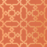 Cordoba Cinnabar wallpaper by Schumacher features interlocking Moorish-inspired diamonds and stars in a hand-painted look.