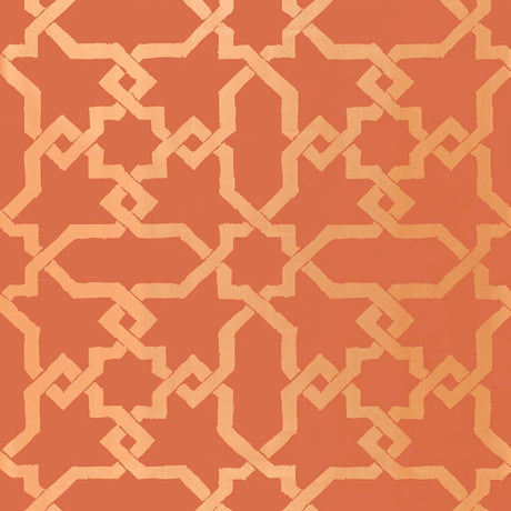 Cordoba Cinnabar wallpaper by Schumacher features interlocking Moorish-inspired diamonds and stars in a hand-painted look.