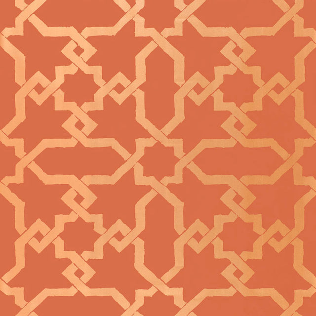 Cordoba Cinnabar wallpaper by Schumacher features interlocking Moorish-inspired diamonds and stars in a hand-painted look.
