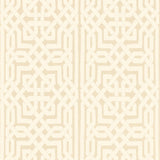 Malaga in Flax by Schumacher - intricate Celtic knot inspired graphic fretwork wallpaper in beige and metallic tones.