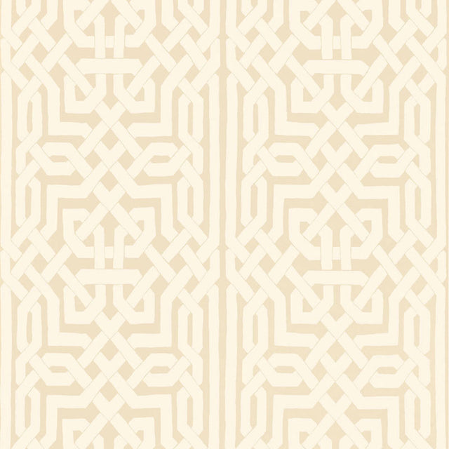 Malaga in Flax by Schumacher - intricate Celtic knot inspired graphic fretwork wallpaper in beige and metallic tones.