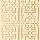 Malaga gold wallpaper with metallic ground and Celtic knot-inspired graphic fretwork by Schumacher