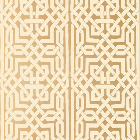 Malaga gold wallpaper with metallic ground and Celtic knot-inspired graphic fretwork by Schumacher