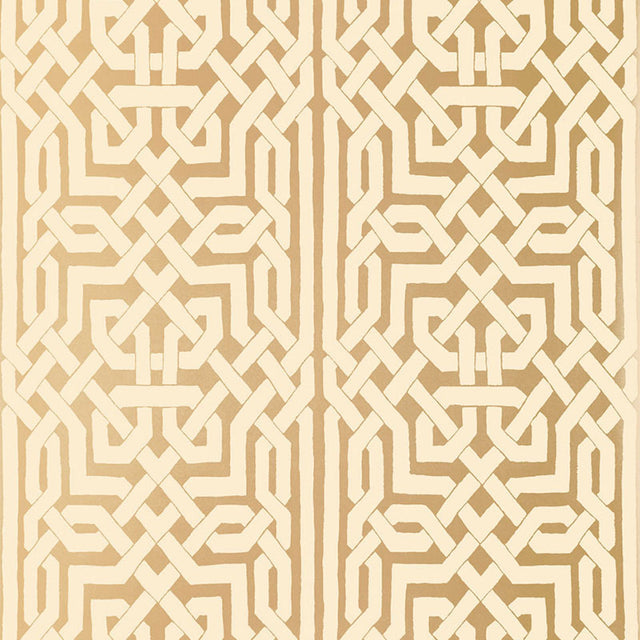 Malaga gold wallpaper with metallic ground and Celtic knot-inspired graphic fretwork by Schumacher