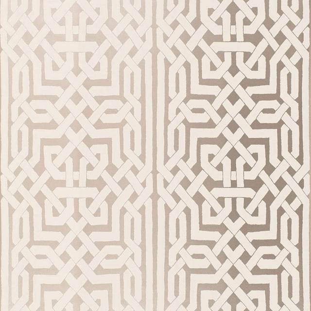 Malaga in silver wallpaper with metallic ground and Celtic knot-inspired graphic fretwork by Schumacher