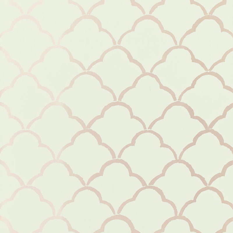 Costa Del Sol Mist wallpaper by Schumacher featuring a soft geometric scallop pattern in light neutral tones.