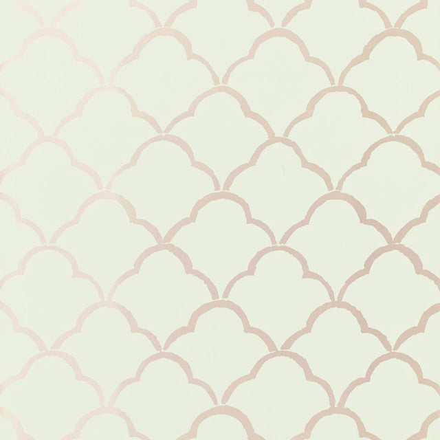 Costa Del Sol Mist wallpaper by Schumacher featuring a soft geometric scallop pattern in light neutral tones.