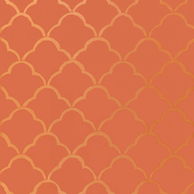 Costa Del Sol wallpaper in Cinnabar by Schumacher, featuring a bold geometric pattern in orange and gold tones.