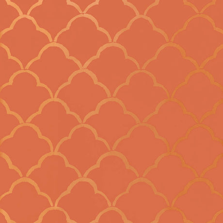 Costa Del Sol wallpaper in Cinnabar by Schumacher, featuring a bold geometric pattern in orange and gold tones.