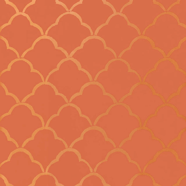 Costa Del Sol wallpaper in Cinnabar by Schumacher, featuring a bold geometric pattern in orange and gold tones.