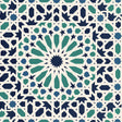 Nasrid Palace Mosaic wallpaper in Aegean by Schumacher, featuring a geometric mosaic pattern in blue and green tones inspired by Moorish design.