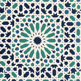 Nasrid Palace Mosaic wallpaper in Aegean by Schumacher, featuring a geometric mosaic pattern in blue and green tones inspired by Moorish design.