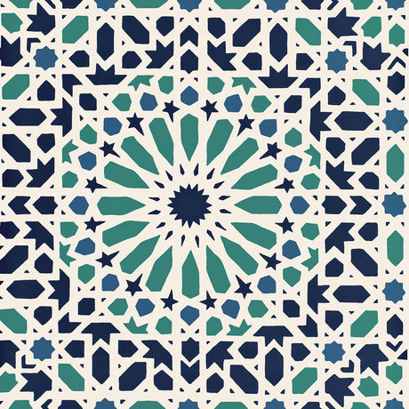 Nasrid Palace Mosaic wallpaper in Aegean by Schumacher, featuring a geometric mosaic pattern in blue and green tones inspired by Moorish design.