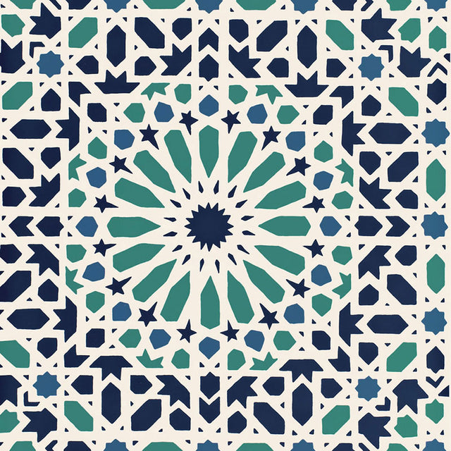 Nasrid Palace Mosaic wallpaper in Aegean by Schumacher, featuring a geometric mosaic pattern in blue and green tones inspired by Moorish design.