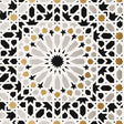 Nasrid Palace Mosaic wallpaper in mica colorway, featuring intricate geometric and star patterns inspired by Moorish design, installed in a bedroom interior.