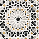 Nasrid Palace Mosaic wallpaper in mica colorway, featuring intricate geometric and star patterns inspired by Moorish design, installed in a bedroom interior.