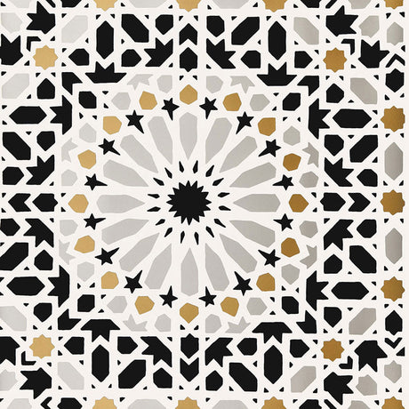 Nasrid Palace Mosaic wallpaper in mica colorway, featuring intricate geometric and star patterns inspired by Moorish design, installed in a bedroom interior.