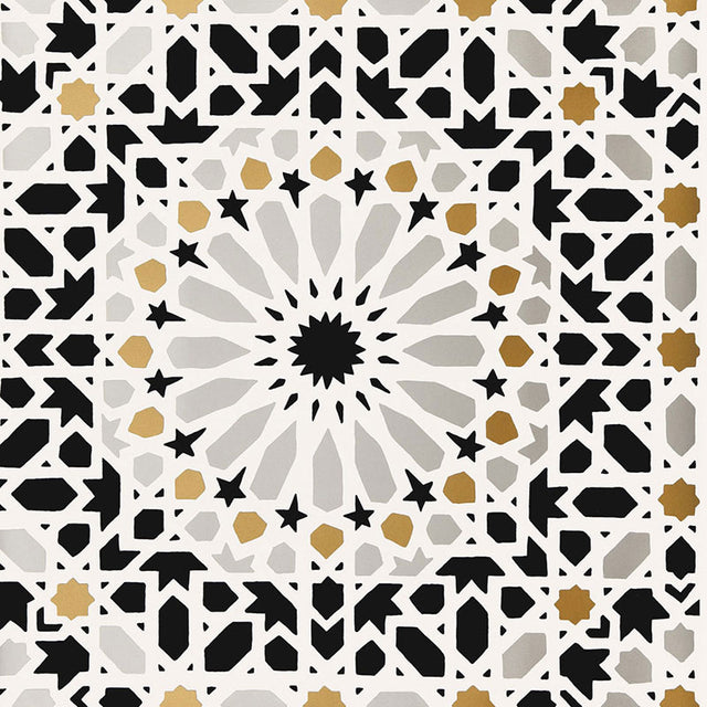 Nasrid Palace Mosaic wallpaper in mica colorway, featuring intricate geometric and star patterns inspired by Moorish design, installed in a bedroom interior.