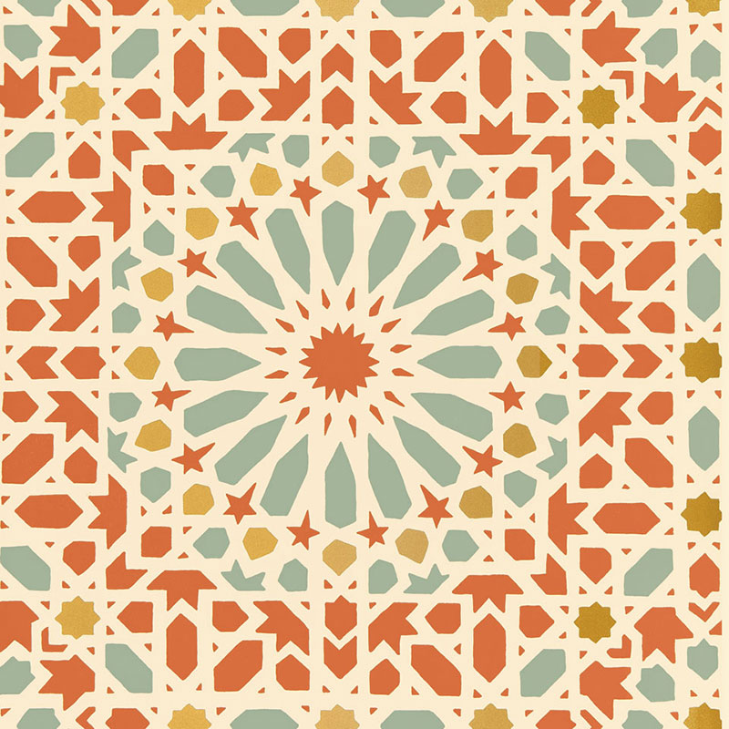 Nasrid Palace Mosaic wallpaper in Persimmon by Schumacher, featuring a hand-screened geometric mosaic pattern inspired by Byzantine design.