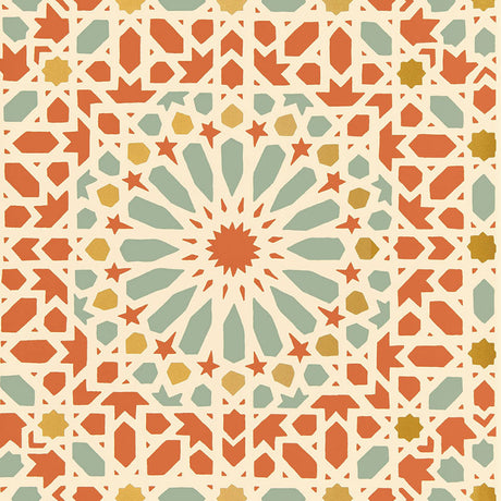 Nasrid Palace Mosaic wallpaper in Persimmon by Schumacher, featuring a hand-screened geometric mosaic pattern inspired by Byzantine design.