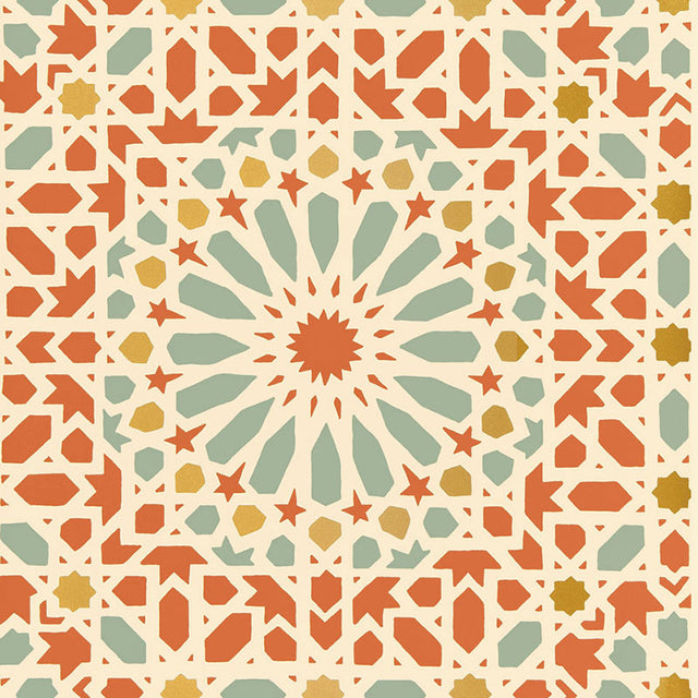 Nasrid Palace Mosaic wallpaper in Persimmon by Schumacher, featuring a hand-screened geometric mosaic pattern inspired by Byzantine design.