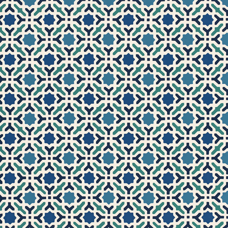 Serallo Mosaic Aegean geometric wallpaper by Schumacher, blue and green hand screen printed wallcovering