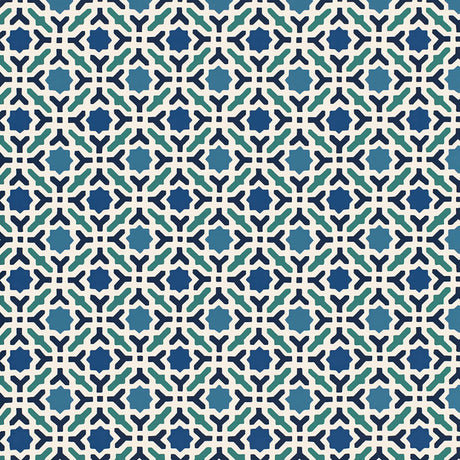 Serallo Mosaic Aegean geometric wallpaper by Schumacher, blue and green hand screen printed wallcovering