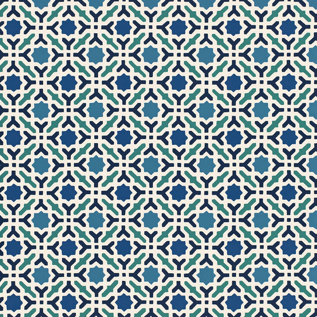Serallo Mosaic Aegean geometric wallpaper by Schumacher, blue and green hand screen printed wallcovering