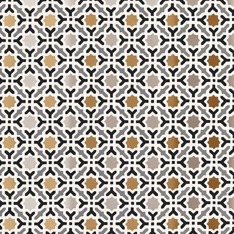 Serallo Mosaic wallpaper in Mica by Schumacher, featuring a geometric Byzantine-inspired pattern in gold, black, and neutral tones.
