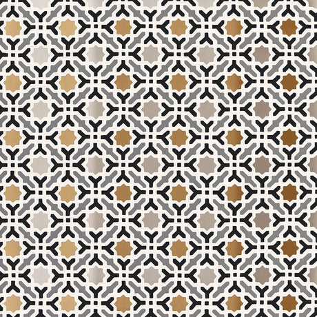 Serallo Mosaic wallpaper in Mica by Schumacher, featuring a geometric Byzantine-inspired pattern in gold, black, and neutral tones.