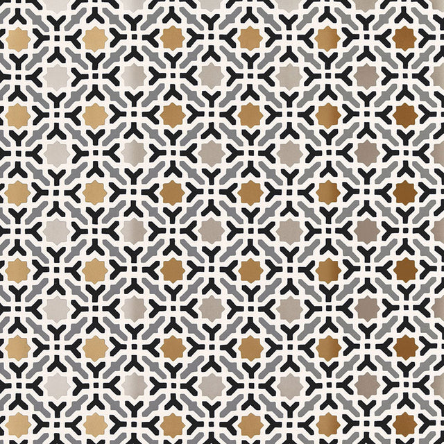 Serallo Mosaic wallpaper in Mica by Schumacher, featuring a geometric Byzantine-inspired pattern in gold, black, and neutral tones.