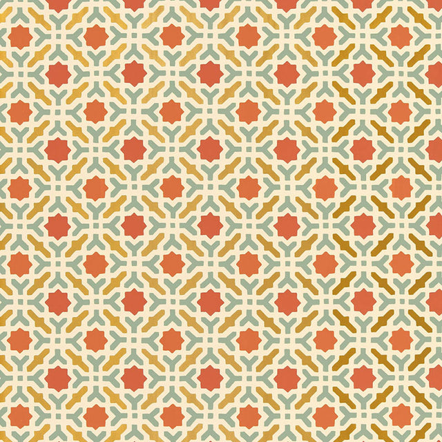 Serallo Mosaic Persimmon geometric wallpaper by Schumacher, hand screen printed with a bold Byzantine-inspired pattern.
