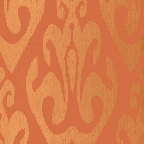 Tokat Cinnabar wallpaper from the Byzantium collection by Schumacher, featuring a bold ornamental pattern in orange and gold tones.