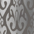 TOKAT wallpaper in graphite, a bold ikat-inspired pattern from Schumacher's Byzantium collection, shown in metallic silver and dark gray.