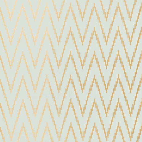 Kasari Ikat Aquamarine wallpaper by Schumacher featuring a zigzag chevron pattern in gold and light blue.
